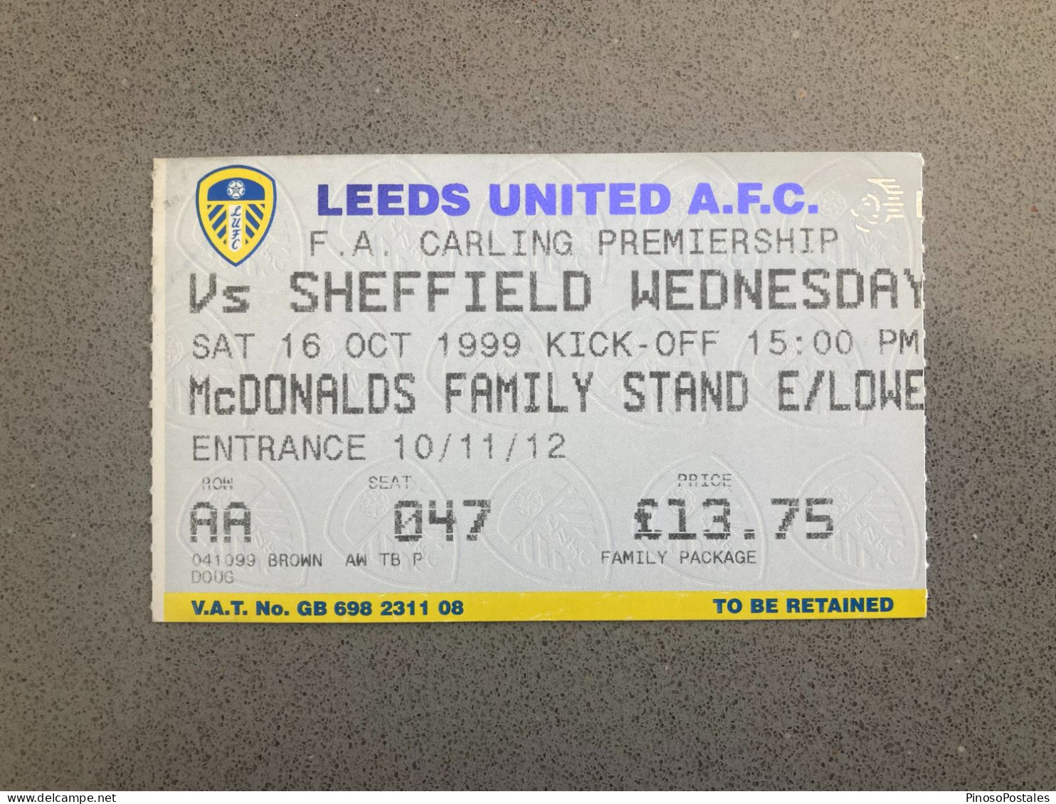 Leeds United V Sheffield Wednesday 1999-00 Match Ticket - Tickets & Toegangskaarten