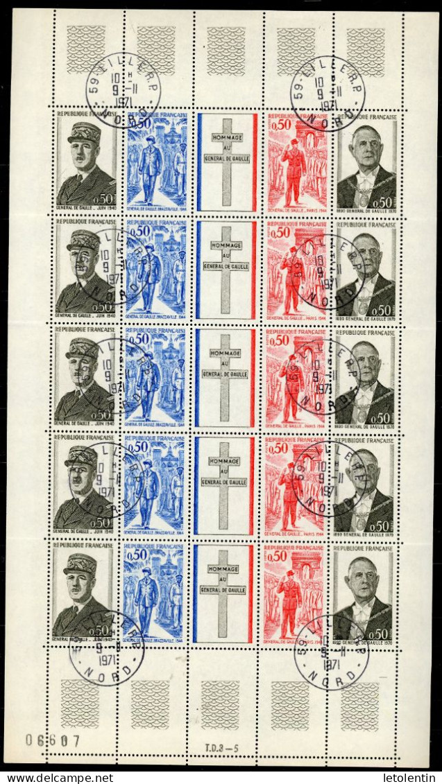 FRANCE - ANN. DE LA MORT DE DE GAULLE - FEUILLE  N° Yvert F1695 Obli. DE LILLE DU 9/11/1971 - Used Stamps