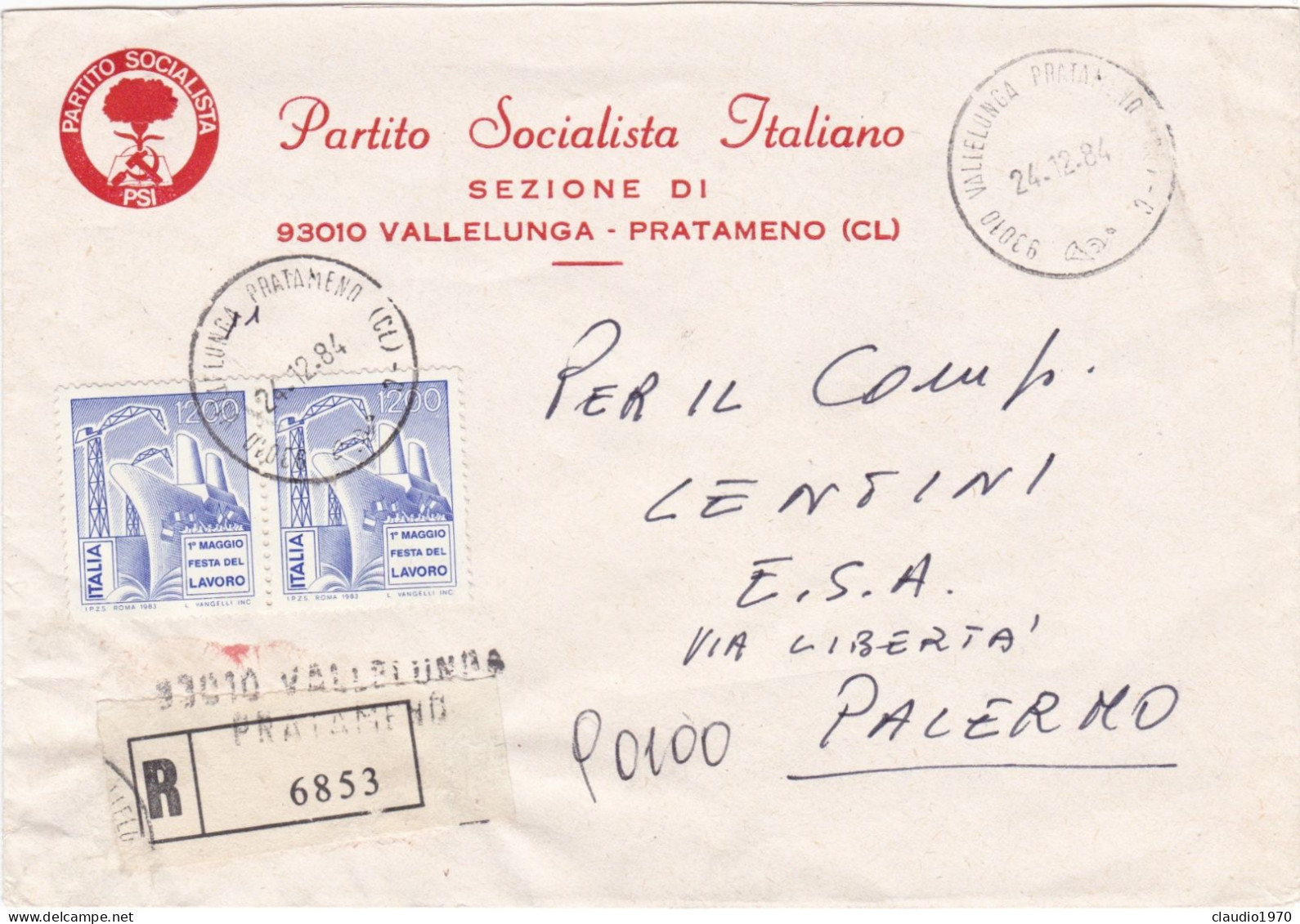 REPUBLICA - ITALIA - PARTITO SOCIALISTA ITALIANO - SEZ. DI VALLELUNGA PRATAMENO (LC) - BUSTA - VG PER PALERMO -1984 - 1981-90: Marcophilia