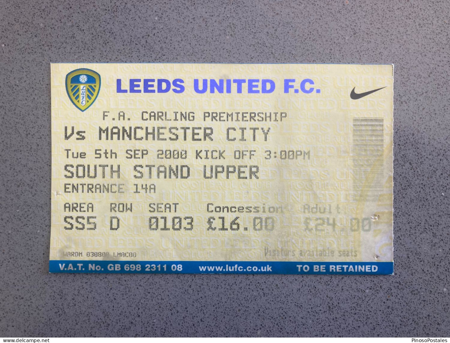 Leeds United V Manchester City 2000-01 Match Ticket - Tickets - Entradas