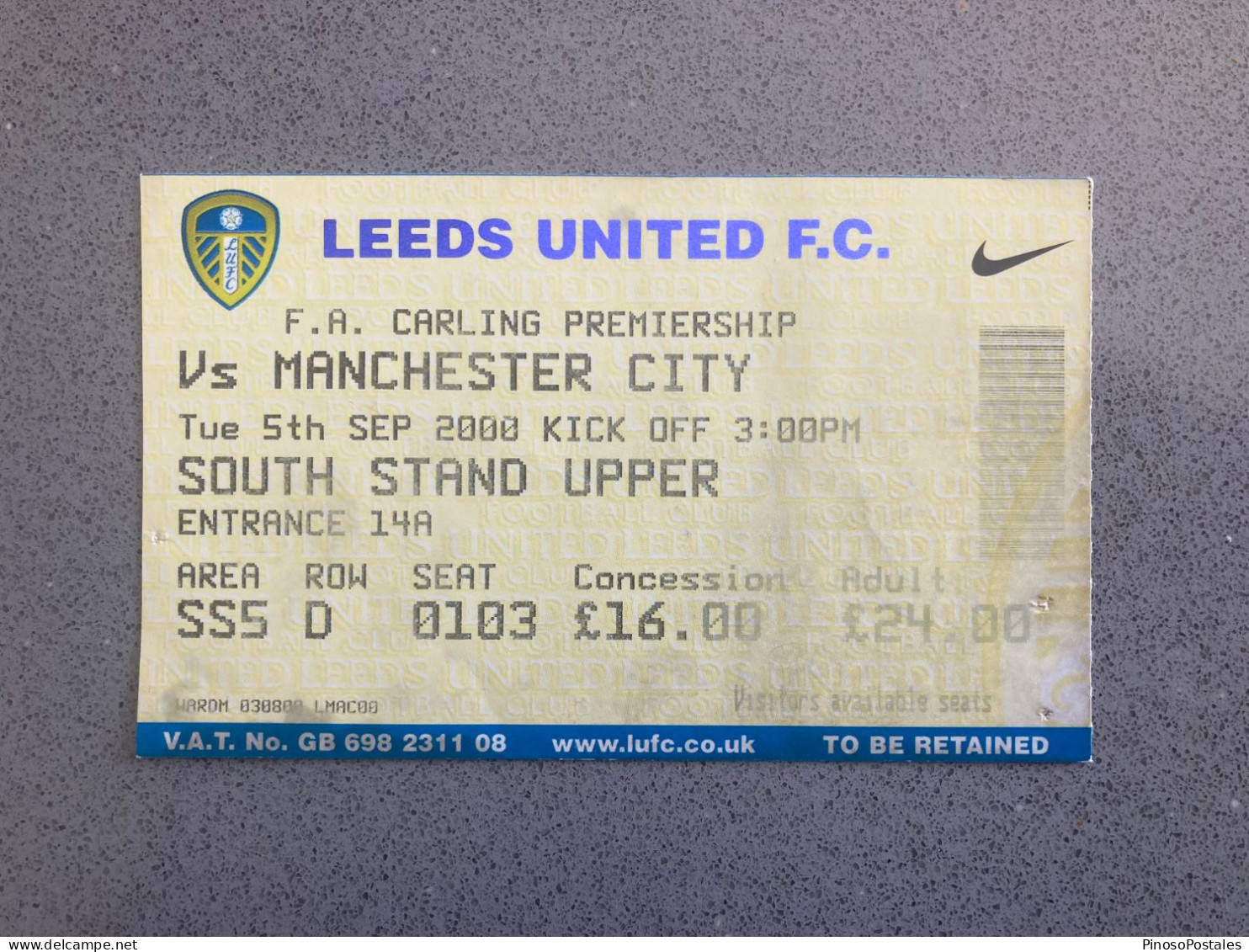 Leeds United V Manchester City 2000-01 Match Ticket - Match Tickets