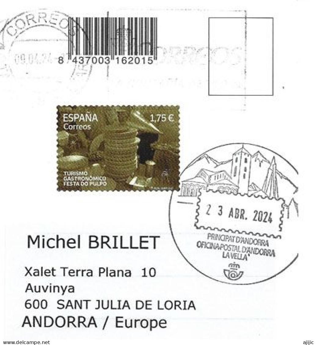 2024. Sello Turismo Gastronomico "Festa Do Pulpo" (Postcard From Torrent De Pareis Mallorca) To Andorra With Postmark - Briefe U. Dokumente