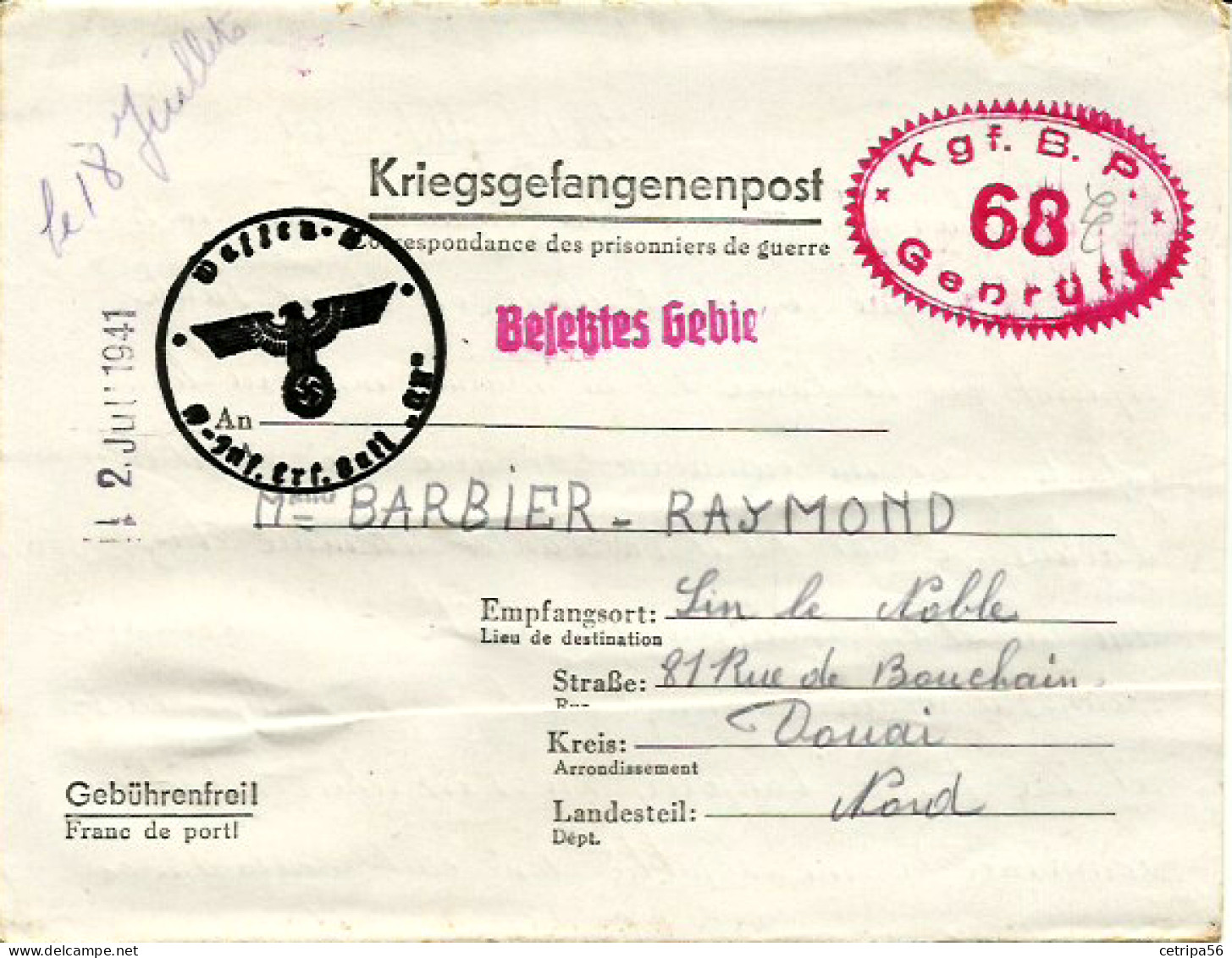 CARTE LETTRE 1941 KRIEGSGEFANGENENPOST PRISONNIERS DE GUERRES AVEC TAMPON WAFFEN SS (armée SS ) SIN LE NOBLE - Weltkrieg 1939-45