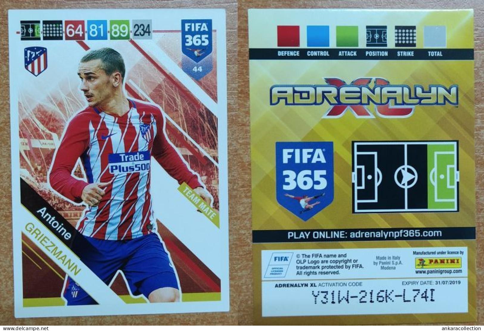 AC - 44 ANTOINE GRIEZMANN  ATLETICO DE MADRID  PANINI FIFA 365 2019 ADRENALYN TRADING CARD - Trading Cards