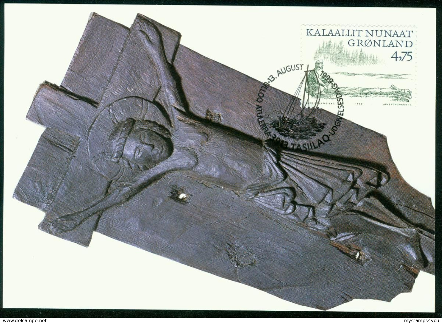 Mk Greenland Maximum Card 1999 MiNr 340 | Greenland Vikings. Man Collecting Driftwood. Crucifix Carved In Wood #max-0054 - Cartas Máxima
