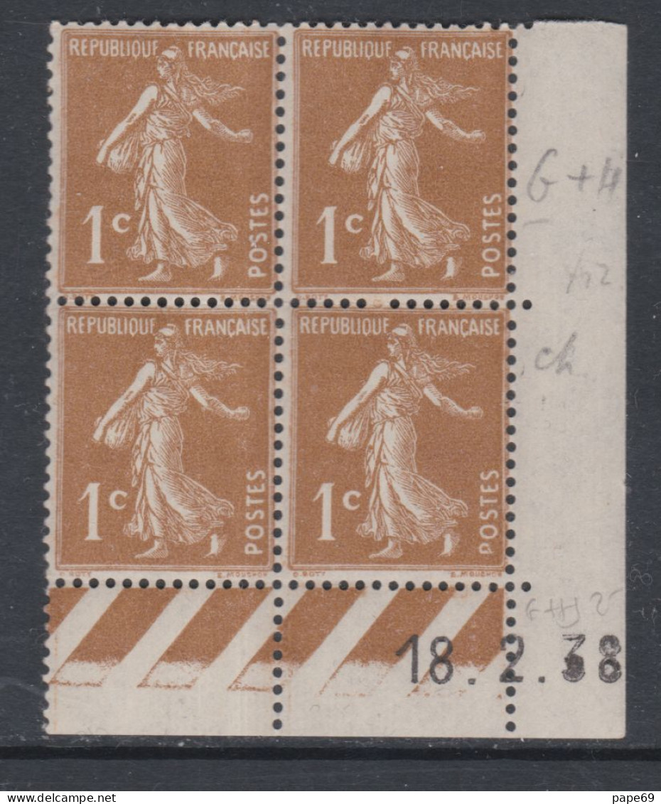 France N° 277B XX Type Semeuse : 1 C. Bistre-brun En Bloc De 4 Coin Daté Du 18 . 2 . 38, Sans Point Blanc, Sans Char. TB - 1930-1939