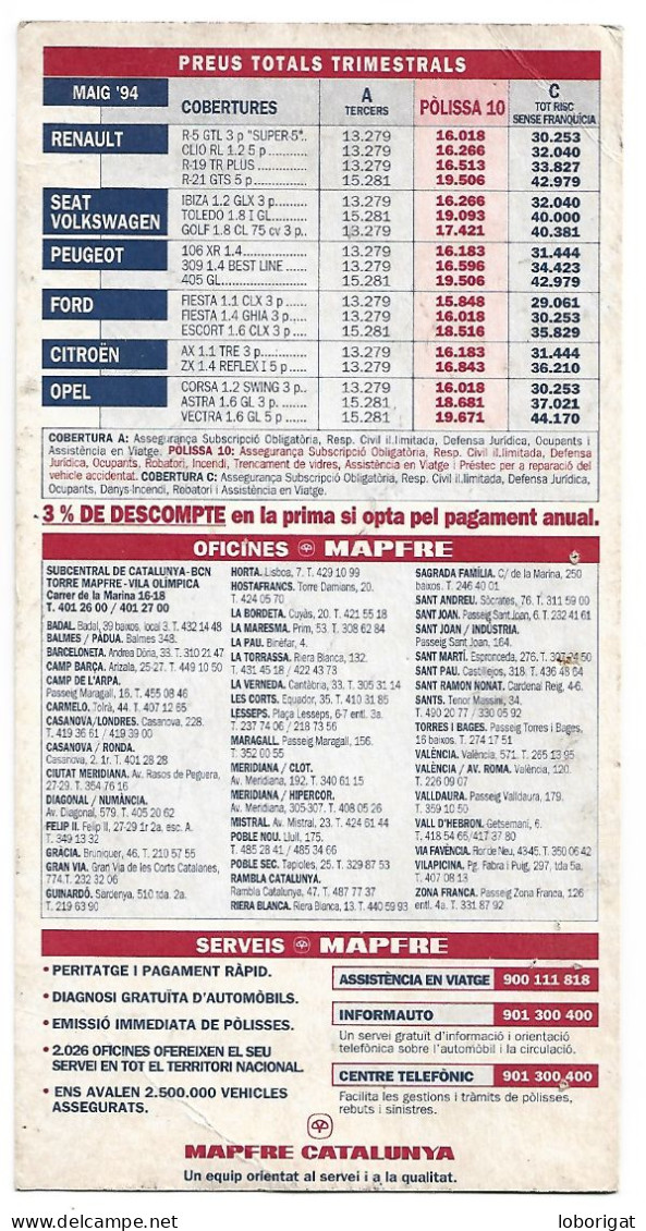 ANTIGUA PUBLICIDAD DE COMPAÑIA DE SEGUROS MAPFRE, TARIFAS DE MAIG'94. - Werbepostkarten