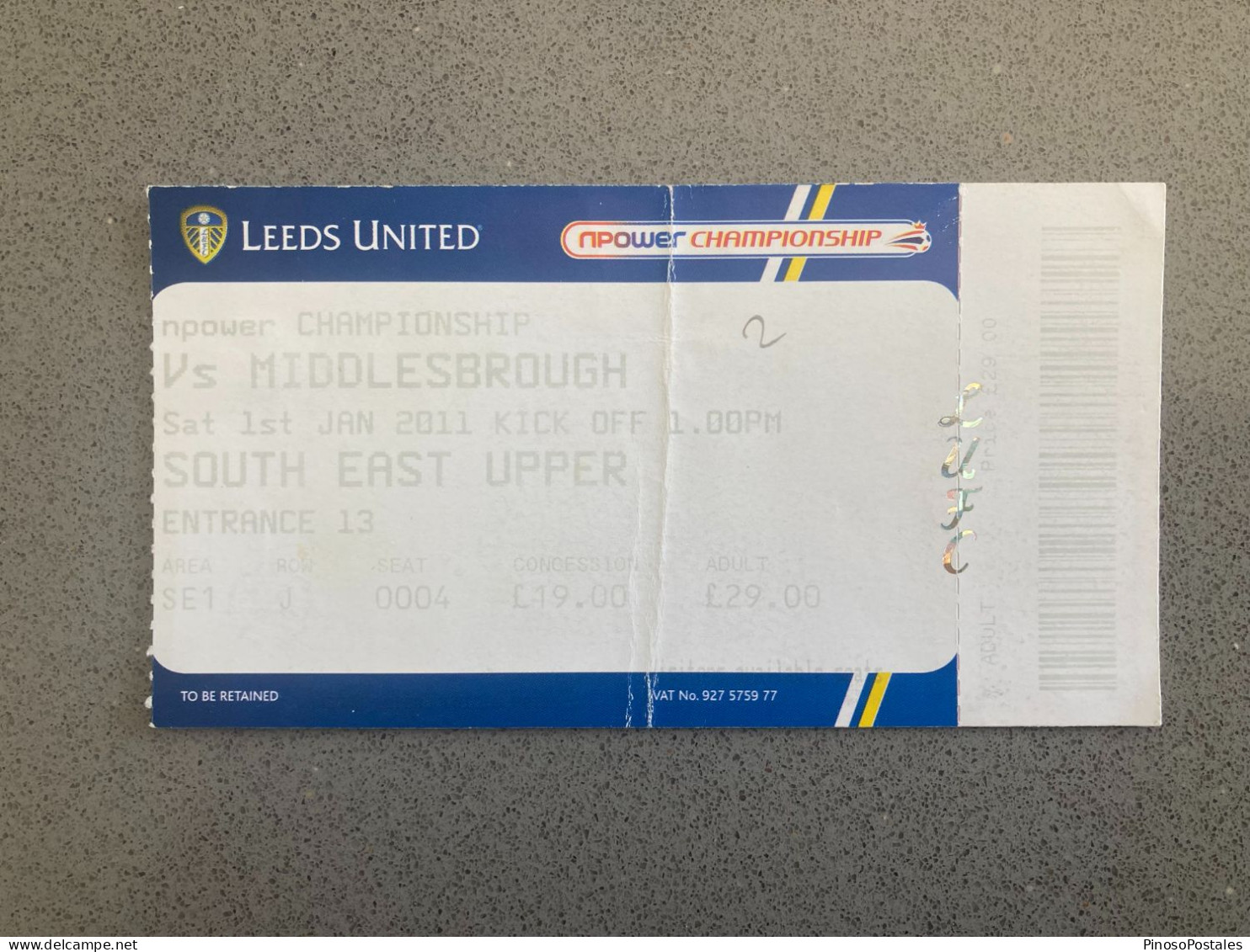 Leeds United V Middlesbrough 2010-11 Match Ticket - Eintrittskarten