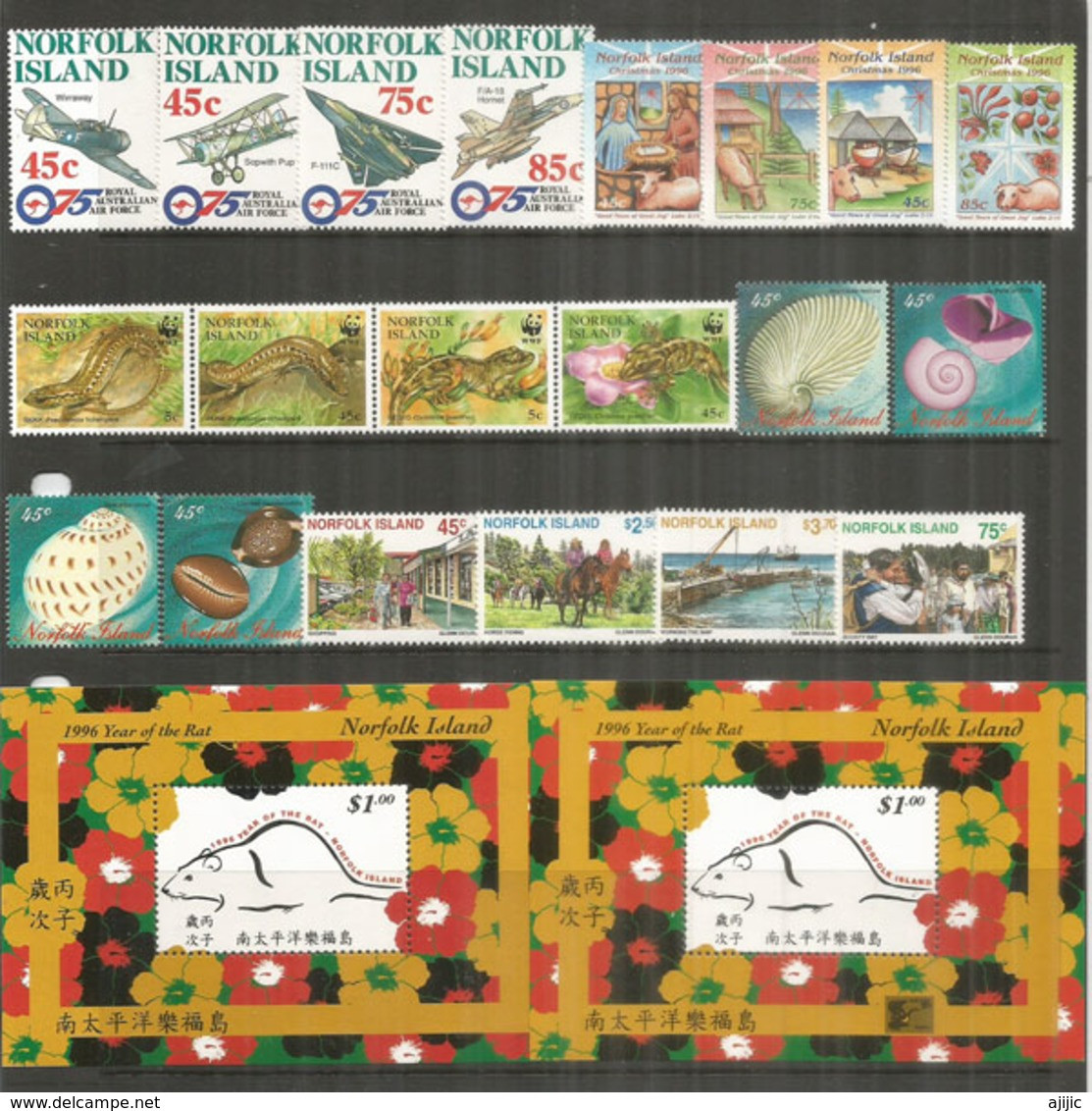 Année Complète 1996.  20 Timbres + 2 B-F Neufs ** Inclus B-F Surchargé "China 96". Côte 55,00 Euro - Norfolk Island