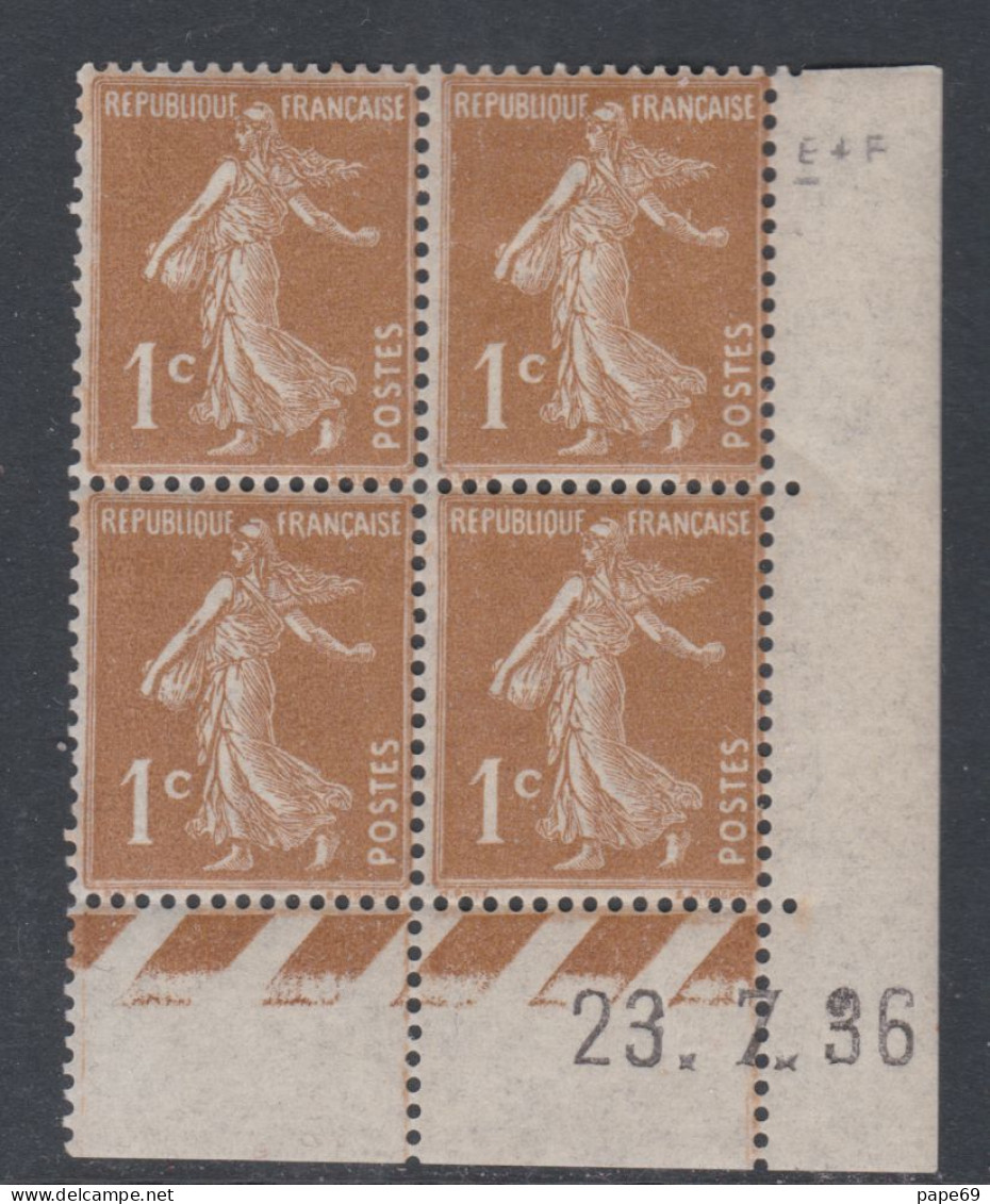 France N° 277B X Type Semeuse : 1 C. Bistre-brun En Bloc De 4 Coin Daté Du 23 . 7 . 36, Trace De Charnière Sinon TB - 1930-1939