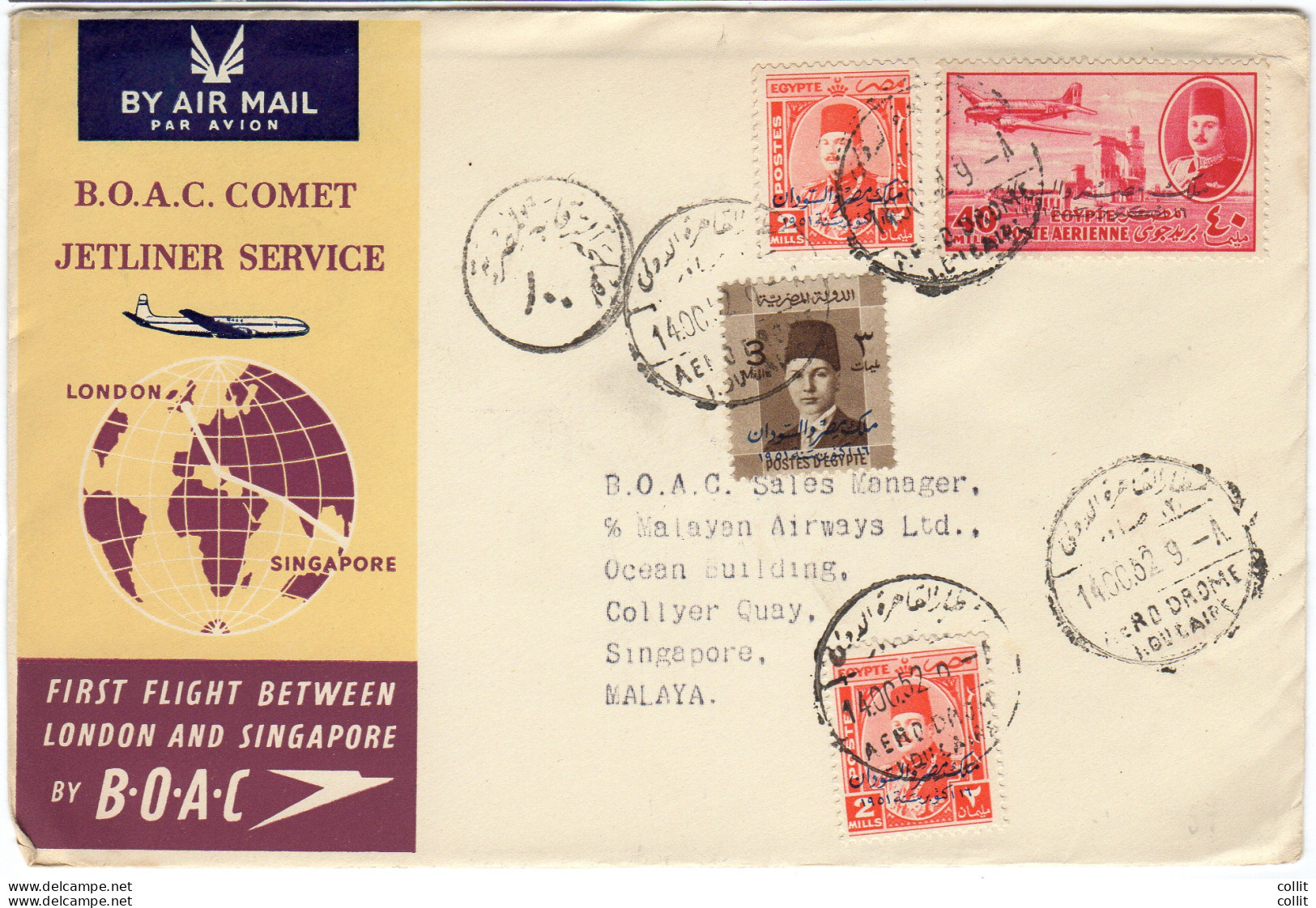 B.O.A.C. - Aerogramma I° Volo Cairo/Singapore (Malaya) - Poste Aérienne