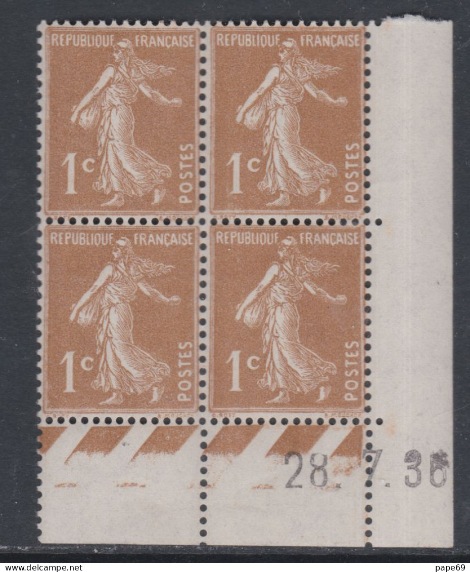 France N° 277B X Type Semeuse : 1 C. Bistre-brun En Bloc De 4 Coin Daté Du 28 . 7 . 36, Trace De Charnière Sinon TB - 1930-1939