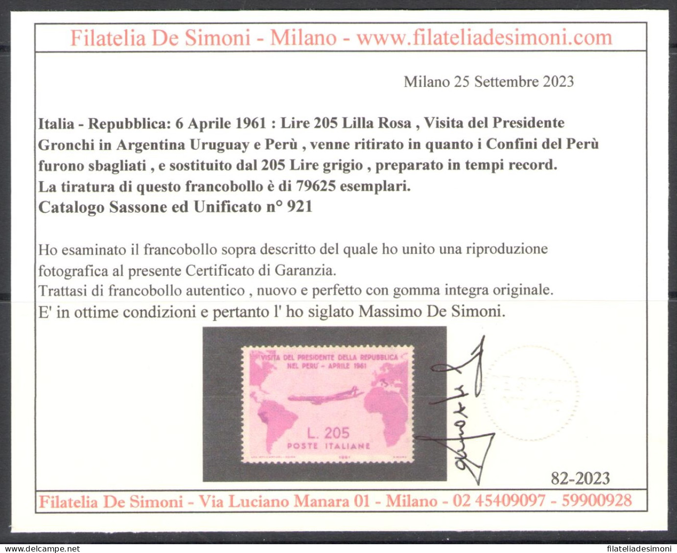 1961 Italia - 205 Lire Rosa - Gronchi Rosa - MNH** - Certificato De Simoni - 1961-70:  Nuevos