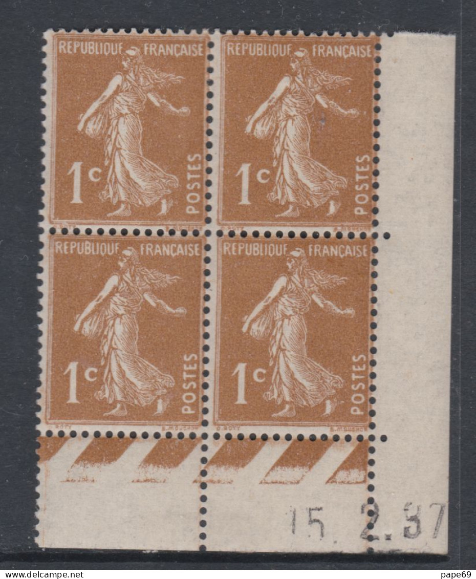 France N° 277B X Type Semeuse : 1 C. Bistre-brun En Bloc De 4 Coin Daté Du 15 . 2 . 37, Trace De Charnière Sinon TB - 1930-1939