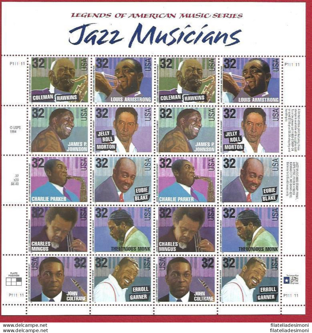 1995 Stati Uniti, Musicisti Jazz N. 2741/2750 MINIFOGLIO  MNH/** - Andere & Zonder Classificatie