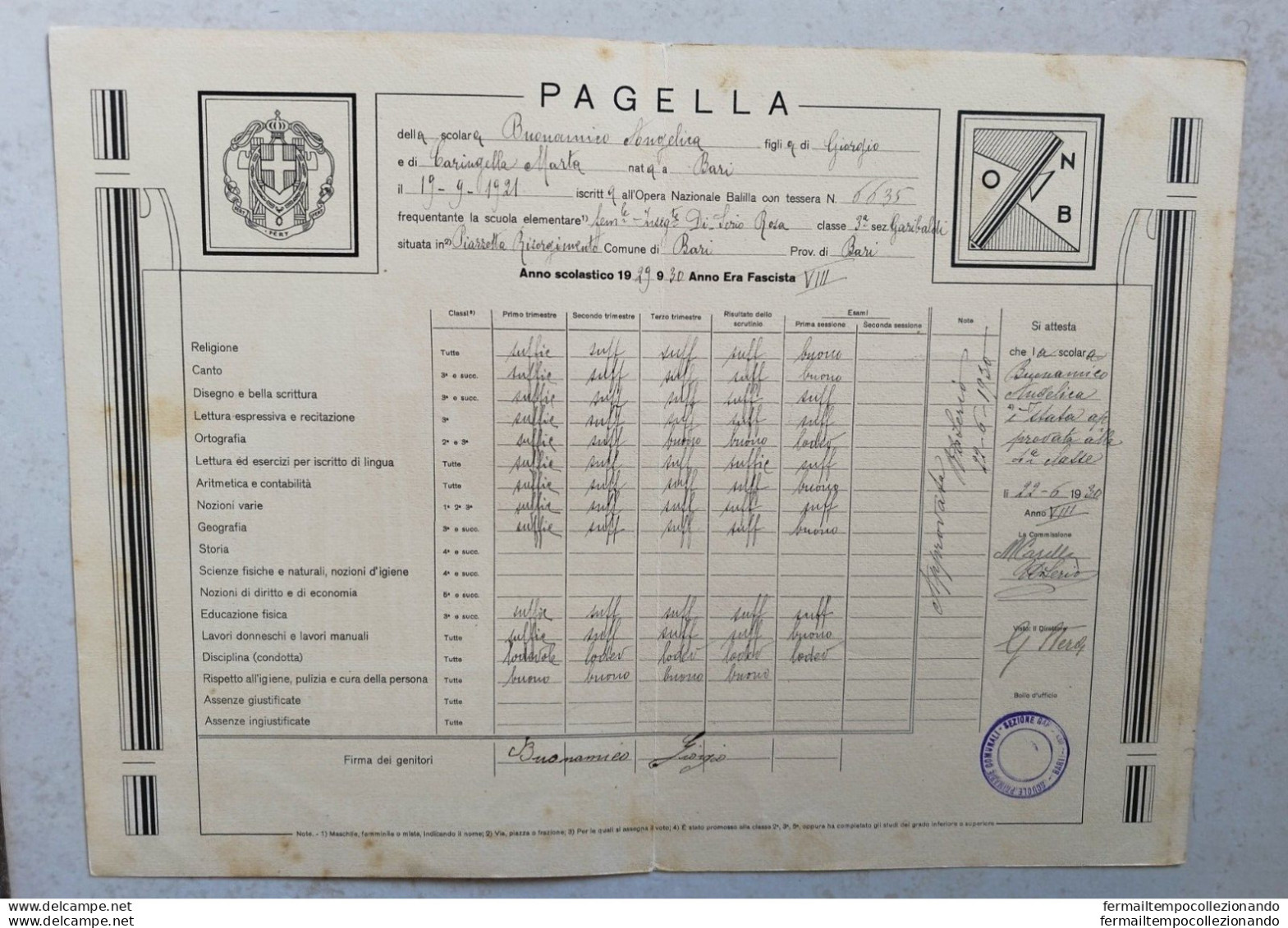 Bs32 Bari Pagella Fascista Ministero Dell'educazione Nazionale - Diploma & School Reports