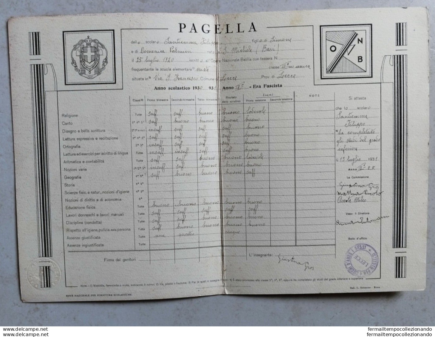 Bs27 Lecce Pagella Fascista Ministero Dell'educazione Nazionale 1932 - Diploma & School Reports