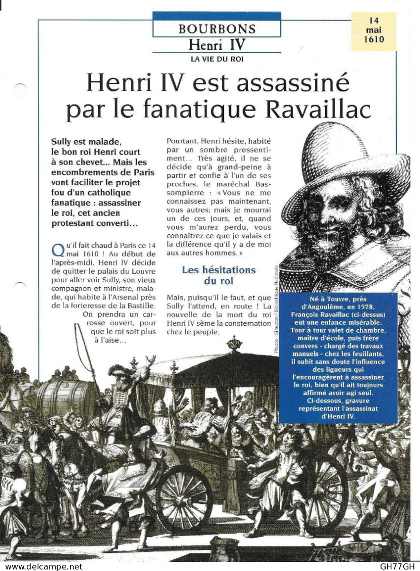 FICHE ATLAS: HENRI IV EST ASSASSINE PAR LE FANATIQUE RAVAILLAC -BOURBONS - Geschiedenis