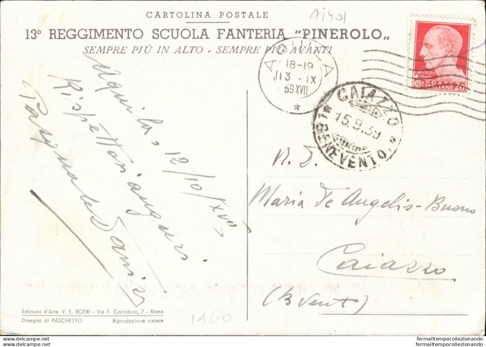 Ai401 Cartolina Militare 13 Reggimento Scuola Fanteria Pinerolo 1939 - Reggimenti