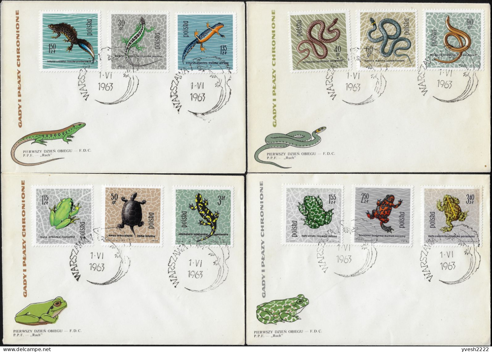 Pologne 1963 Y&T 1259 à 1270 Sur 4 FDC. Protection Des Reptiles Et Amphibiens. Grenouilles Tortue Salamandre Serpents - Grenouilles