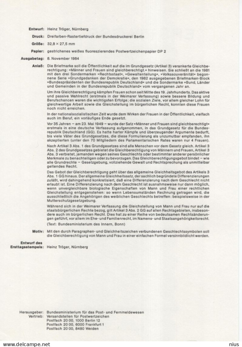 Germany Deutschland 1984-23 Gleichberechtigung Von Mann Und Frau, Gender Equality, Canceled In Bonn - 1981-1990