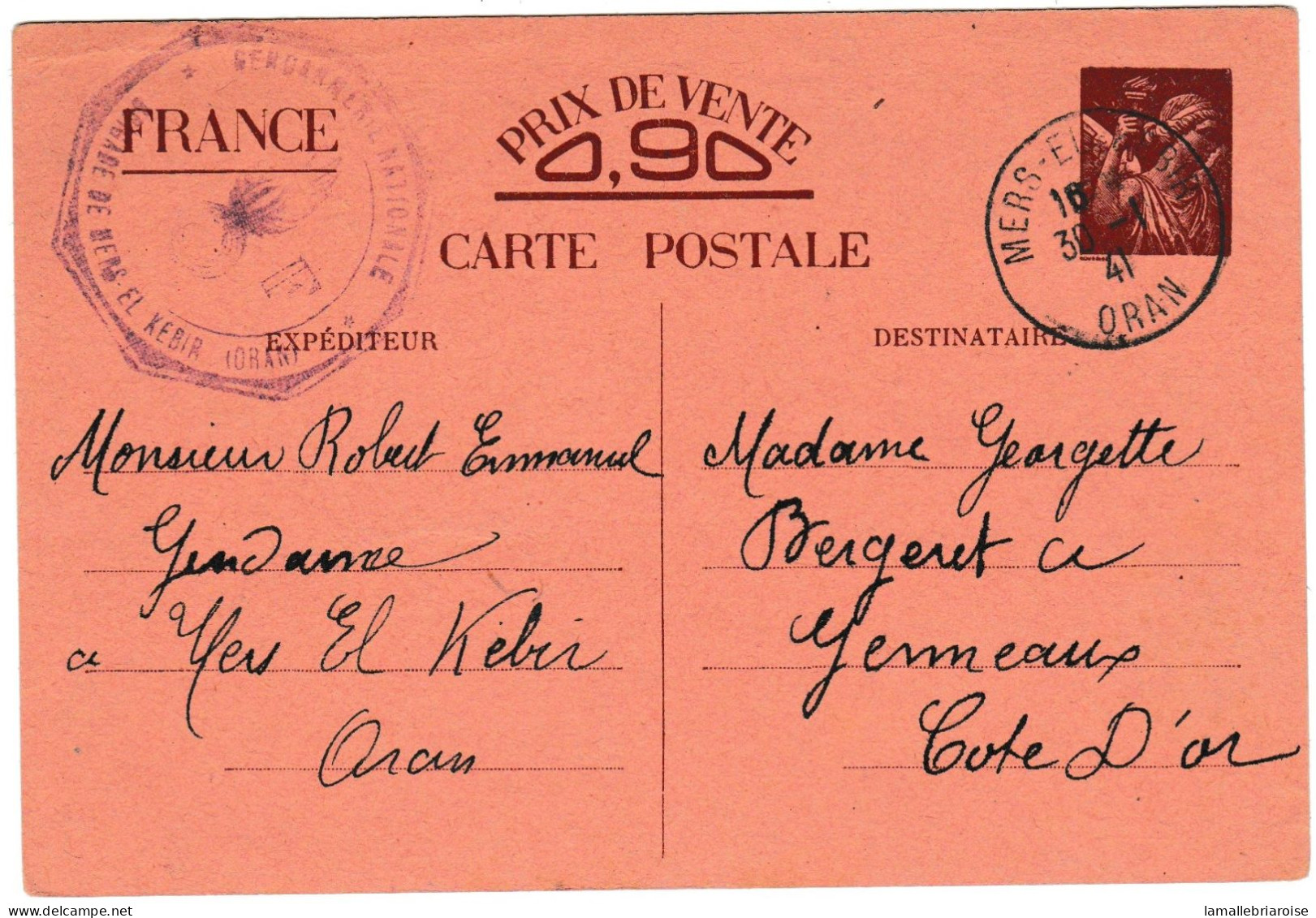 Cachet: Gendarmerie Nationale, Brigade De Mers El Kebir, 30/1/41 Pour La Cote D'Or - Guerre De 1939-45