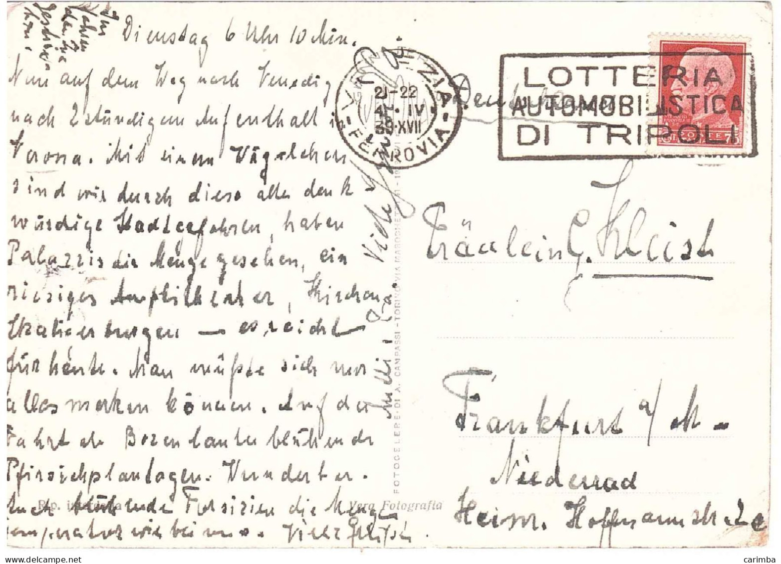 CARTOLINA VERONA TOMBA DI CAN GRANDE ANNULLO TARGHETTA LOTTERIA DI TRIPOLI - Verona