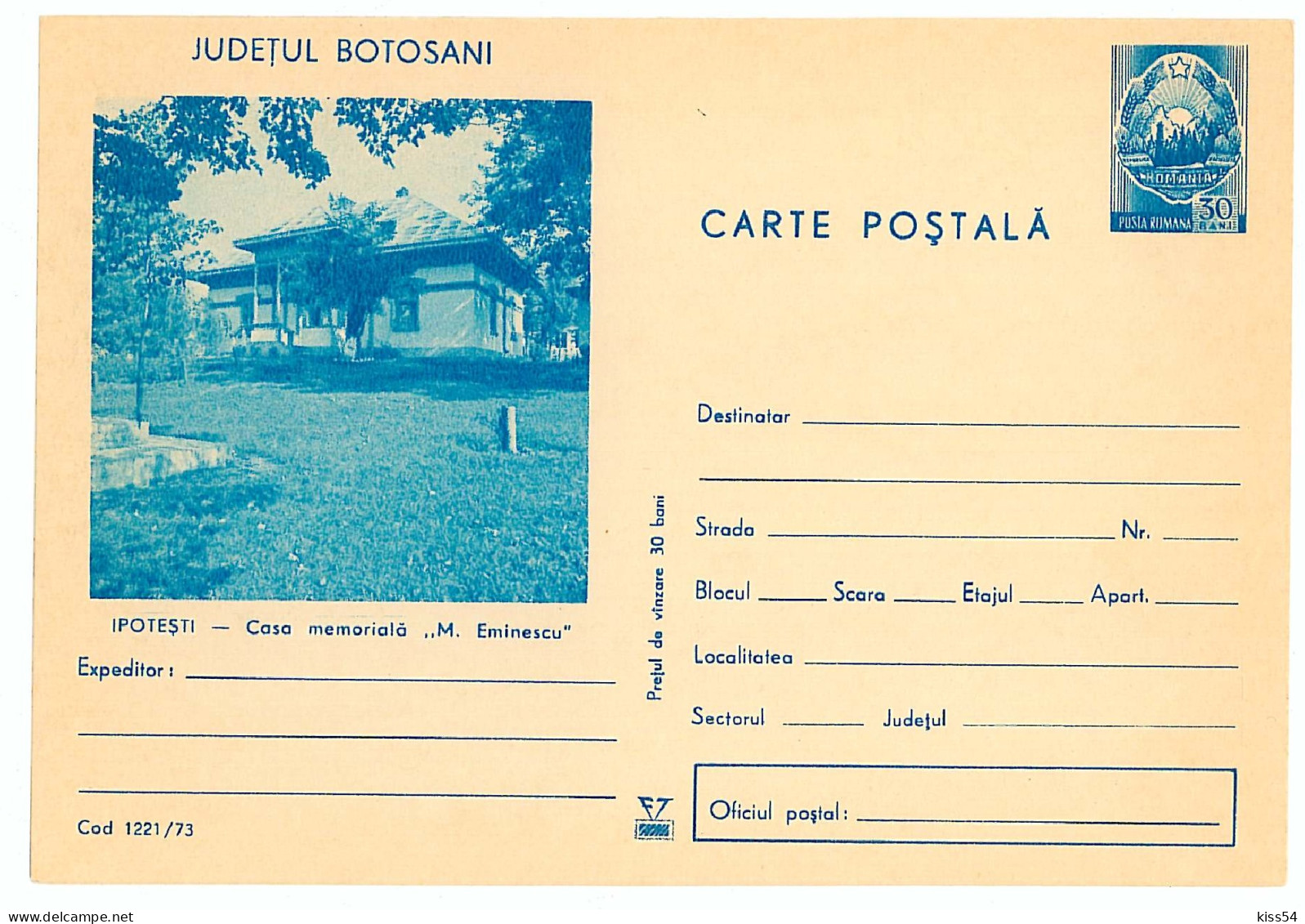 IP 73 - 1221 IPOTESTI, Eminescu House - Stationery - Unused - 1973 - Entiers Postaux