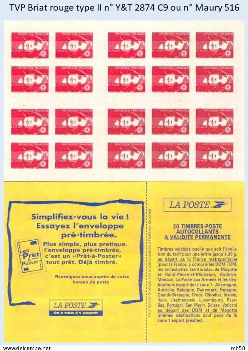 FRANCE - Carnet TVP Briat Rouge Type II - YT 2874 C9 / Maury 516 - Moderne : 1959-...