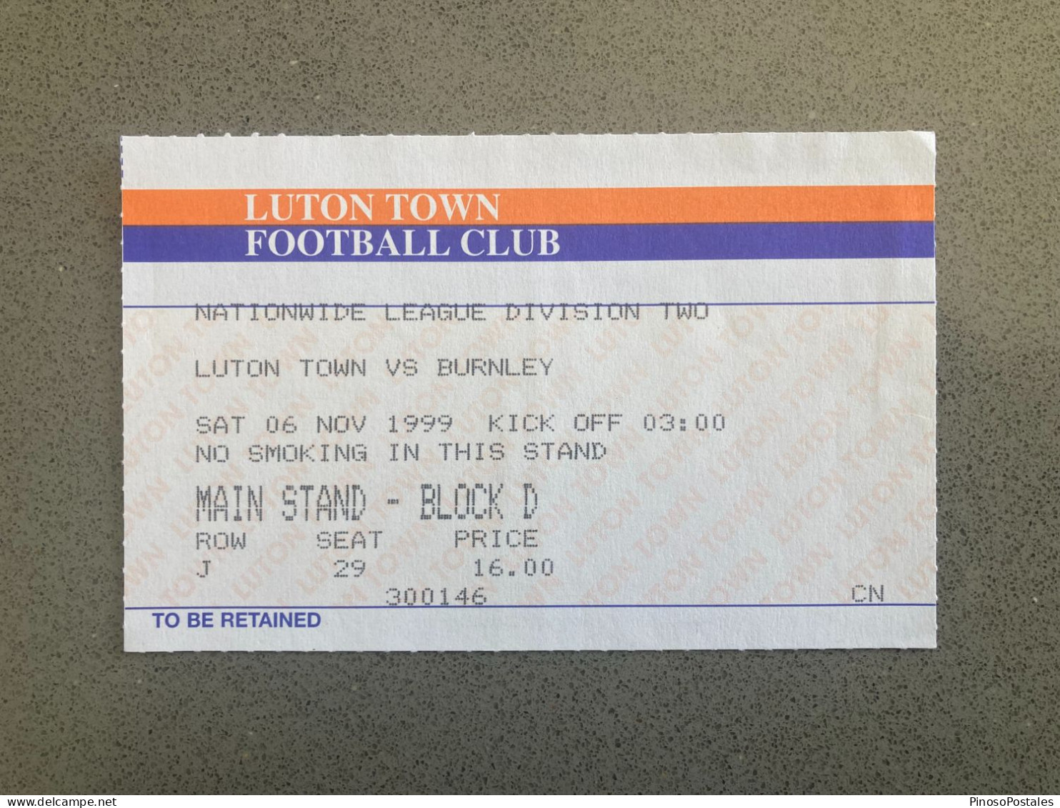 Luton Town V Burnley 1999-00 Match Ticket - Biglietti D'ingresso