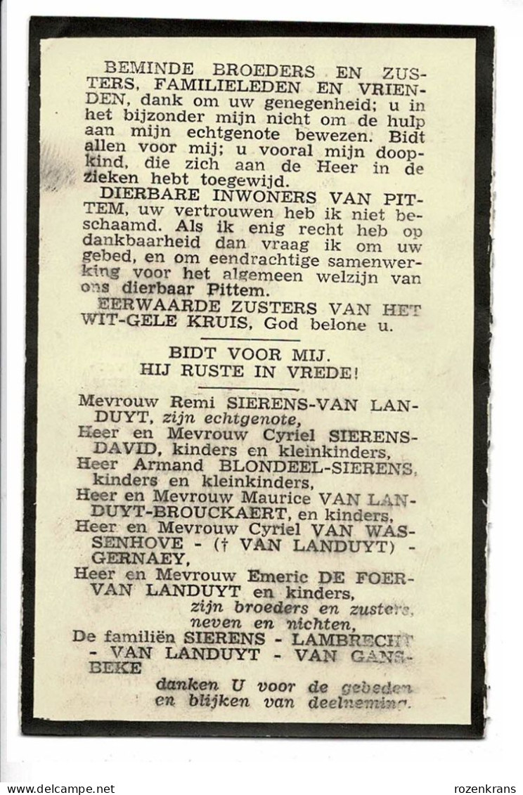 Remi Jozef Sierens Helena Van Landuyt Burgemeester Pittem Tielt 1959 Fam. Blondeel Gernaey Bidprentje Doodsprentje - Obituary Notices