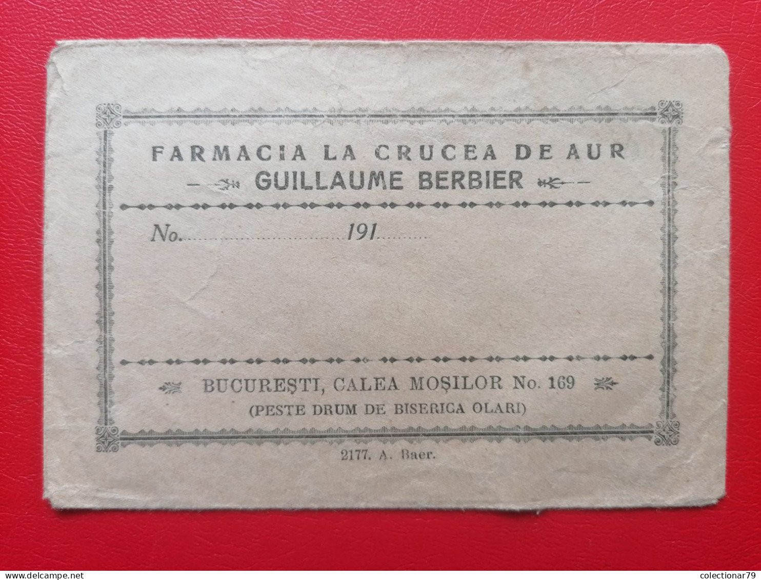 Romania Bucuresti Farmacia La Crucea De Aur Guillaume Berbier  Plic Reclama 11,5x8 Cm - Roemenië