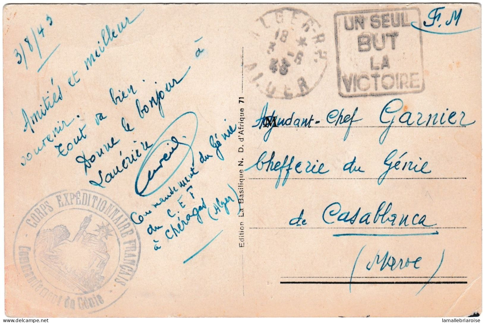 Cachet: VCorps Expeditionnaire Français, Commandement Du Génie, Daguin D'Alger: Un Seul But, La Victoire - Guerre De 1939-45
