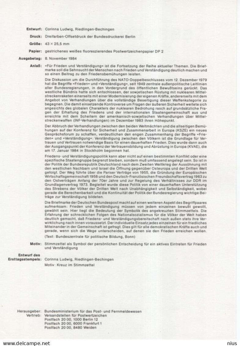 Germany Deutschland 1984-24 Fur Frieden Und Verstandigung, For Peace And Understanding, Canceled In Bonn - 1981-1990