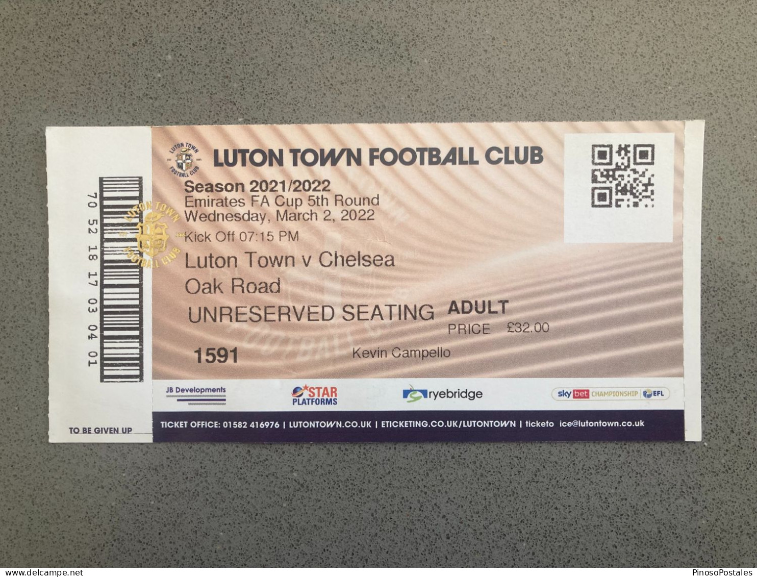 Luton Town V Chelsea 2021-22 Match Ticket - Tickets & Toegangskaarten