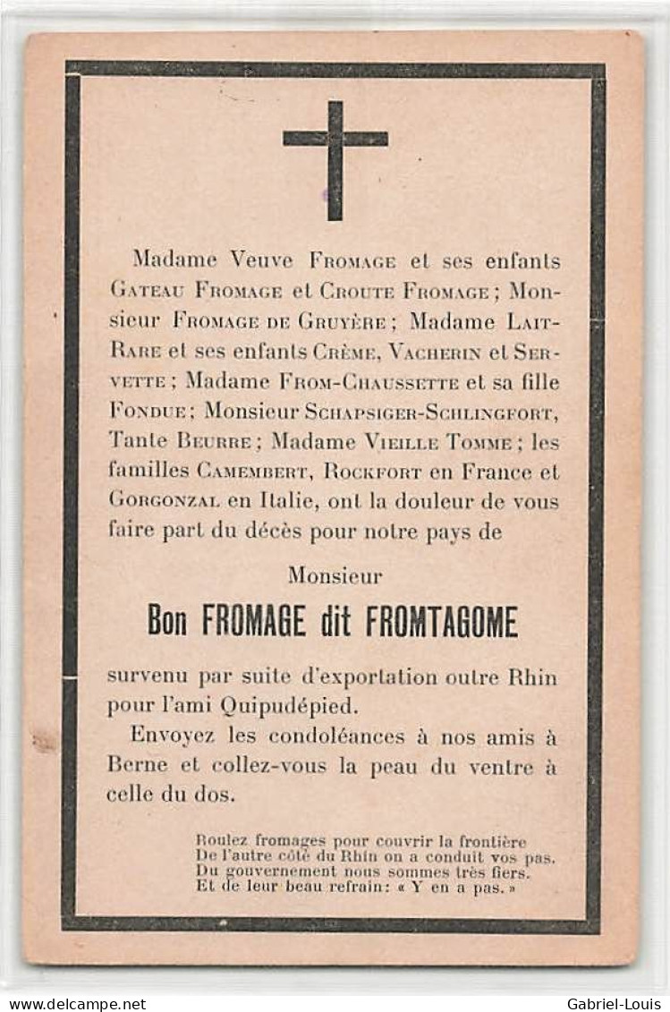 Guerre 1914-18 Exportation Fromage En Allemagne Humour Gruyère Vacherin Tomme Camembert Rockfort  Funéraire Suisse - Weltkrieg 1914-18