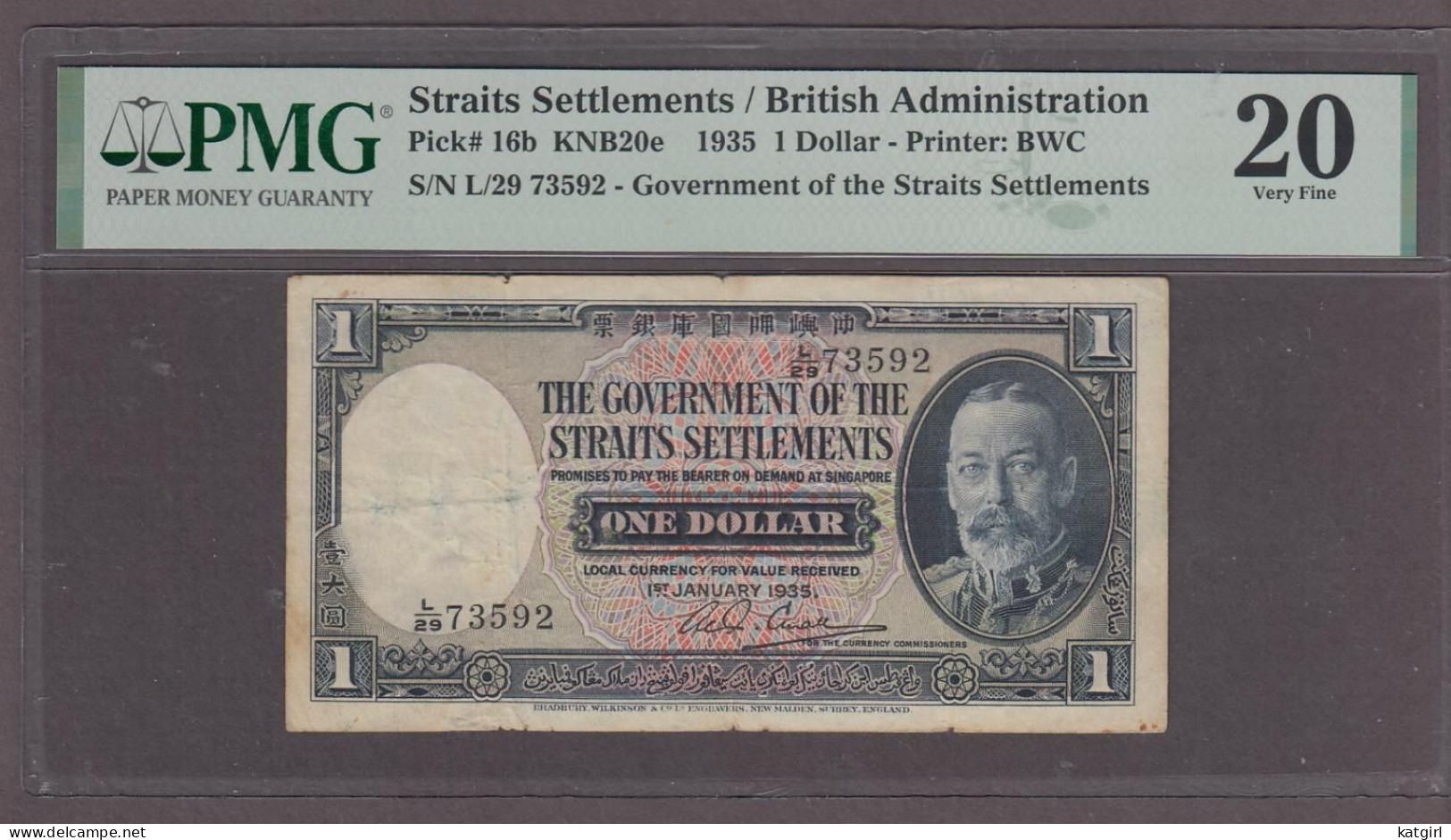 Straits Settlements / British Administration 1 Dollar Banknote P-16b ND 1935  Very Fine PMG 20 - Altri – Asia
