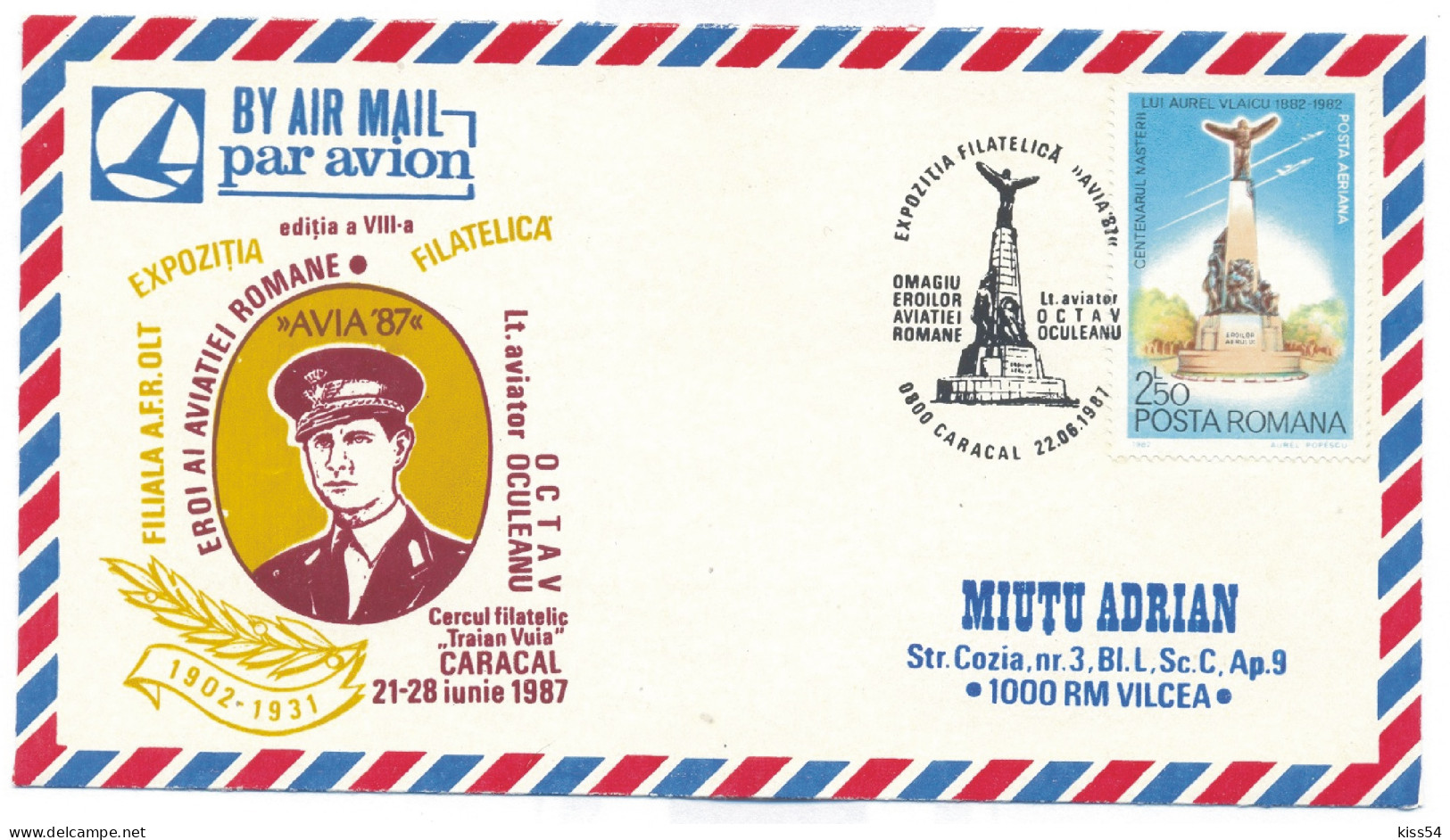 COV 65 - 968 AIRPLANE, Caracal, Olt, Romania - Cover - Used - 1987 - Lettres & Documents