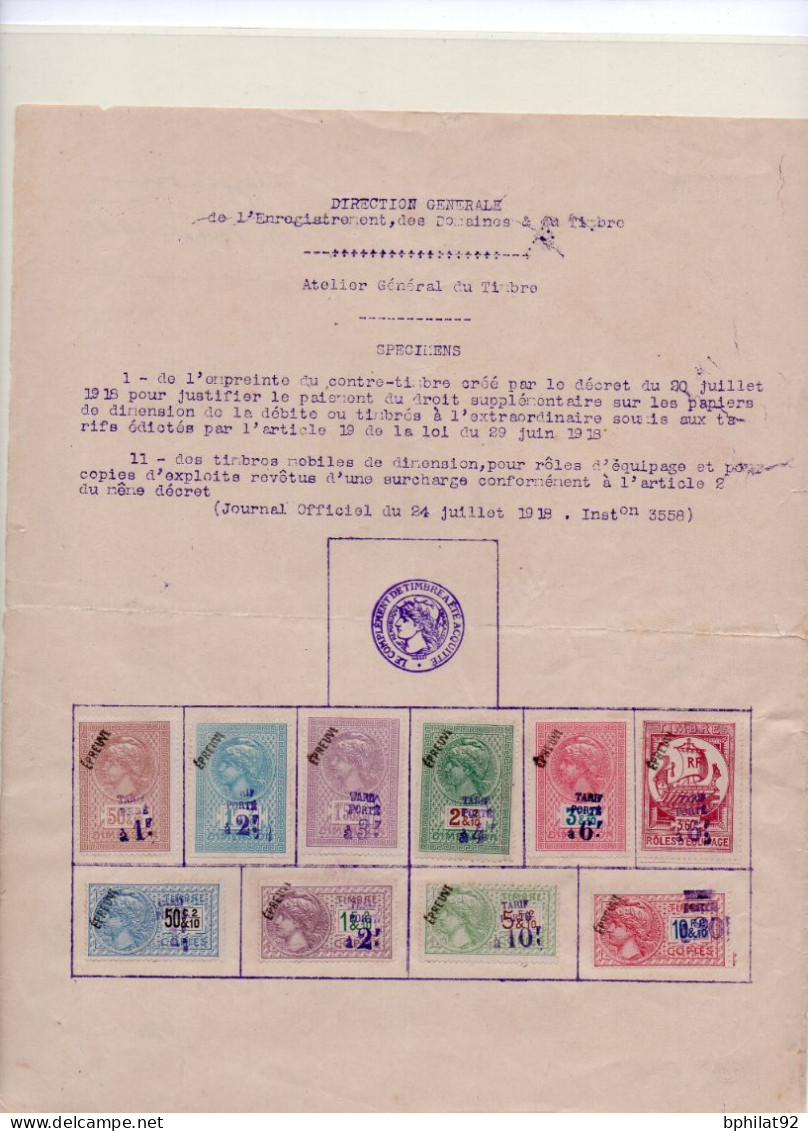 !!! FISCAUX, FEUILLET OFFICIEL DE 1918 AVEC TIMBRES DIMENSION, COPIES, ROLES D'EQUIPAGE SURCH EPREUVES. RR - Marken