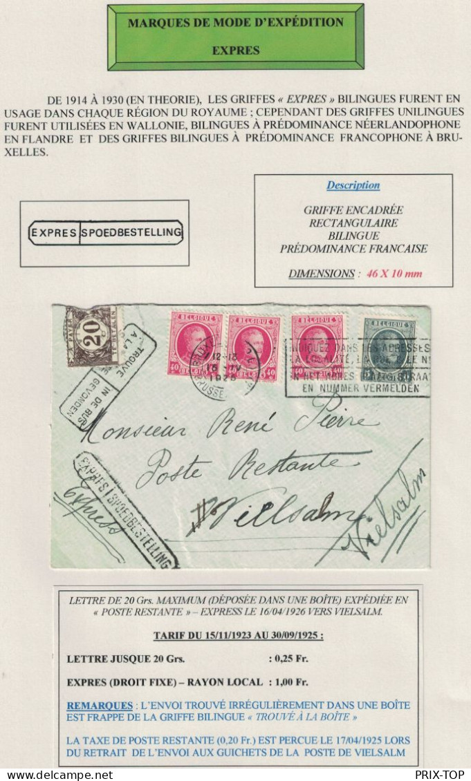 TP 202(3)-193 Albert Houyoux S/L.Exprès Obl.Méc.BXL QL 16/4/1925 C.trouvé à La Boîte > Poste Restante Vielsalm Taxée 20c - Briefe U. Dokumente