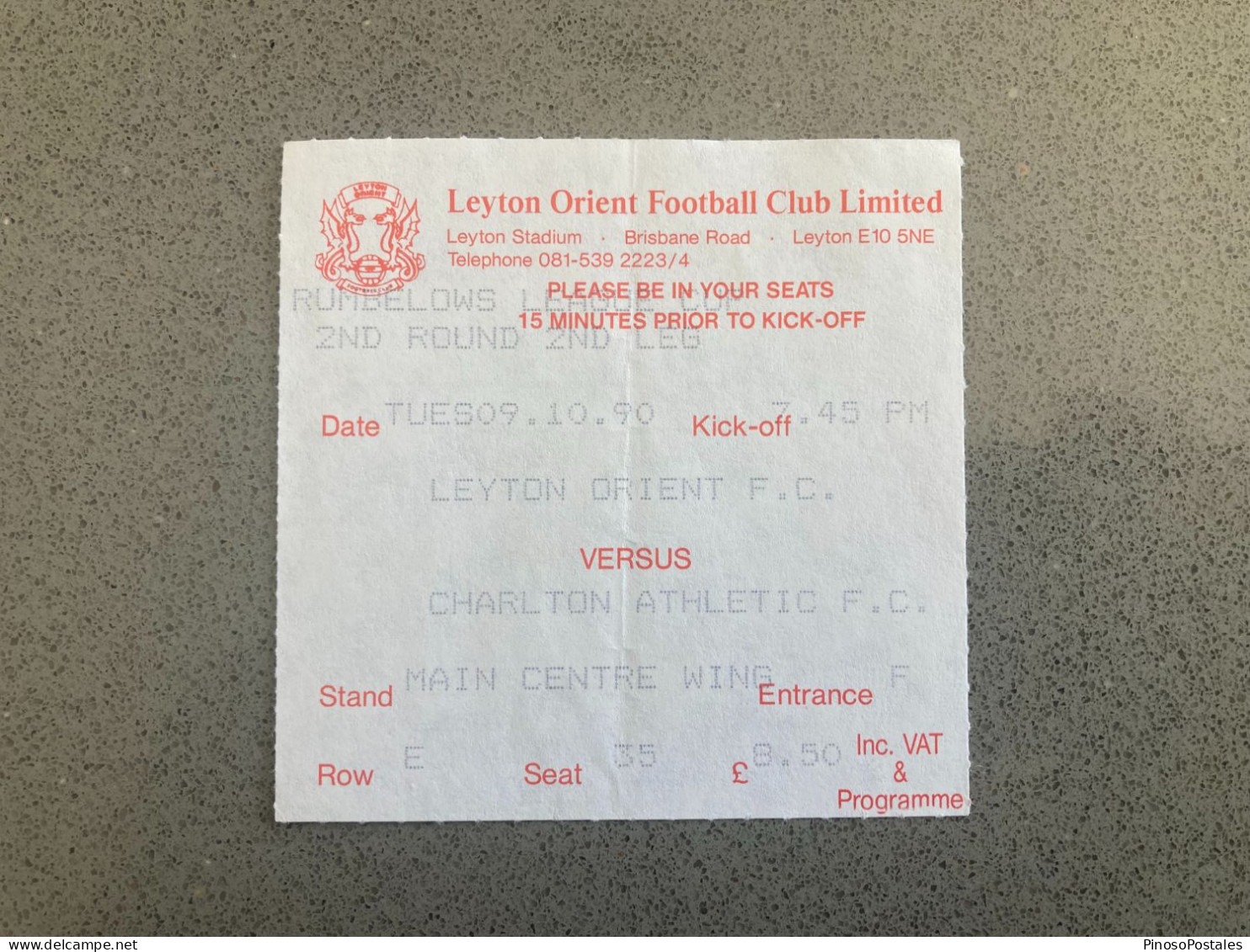 Leyton Orient V Charlton Athletic 1990-91 Match Ticket - Tickets - Entradas