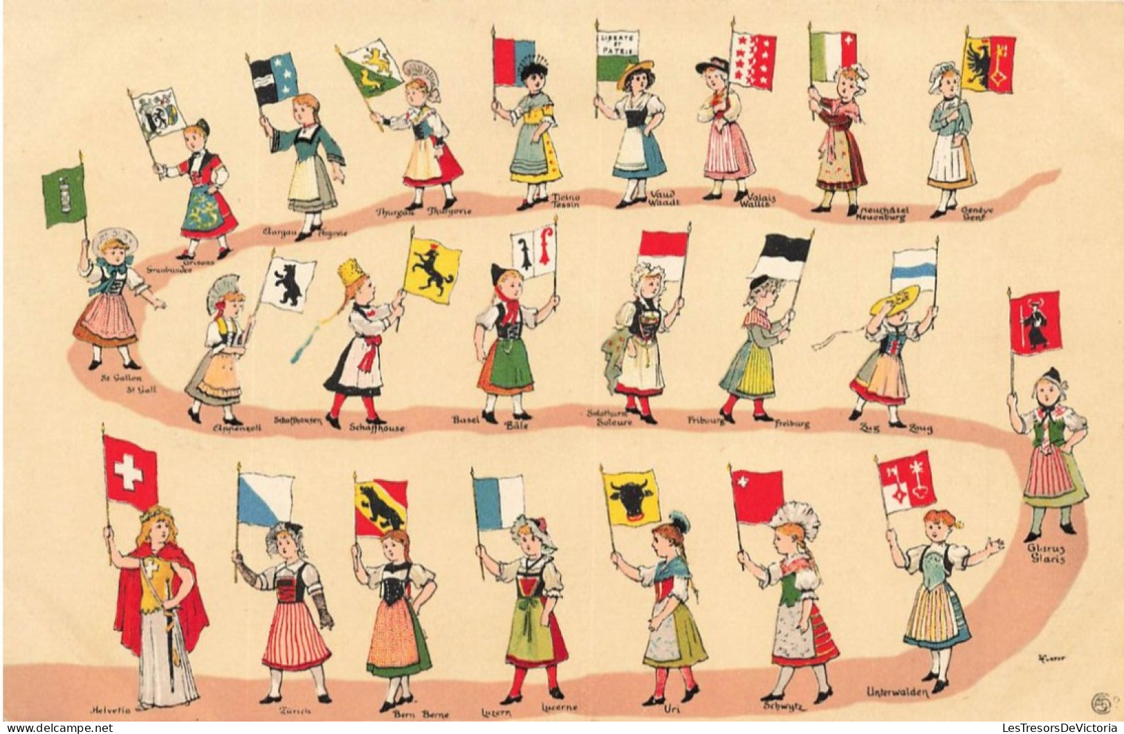 ILLUSTRATEURS - NON SIGNES - Jeunes Femmes Portant Différents Drapeau - Carte Postale Ancienne - Non Classés