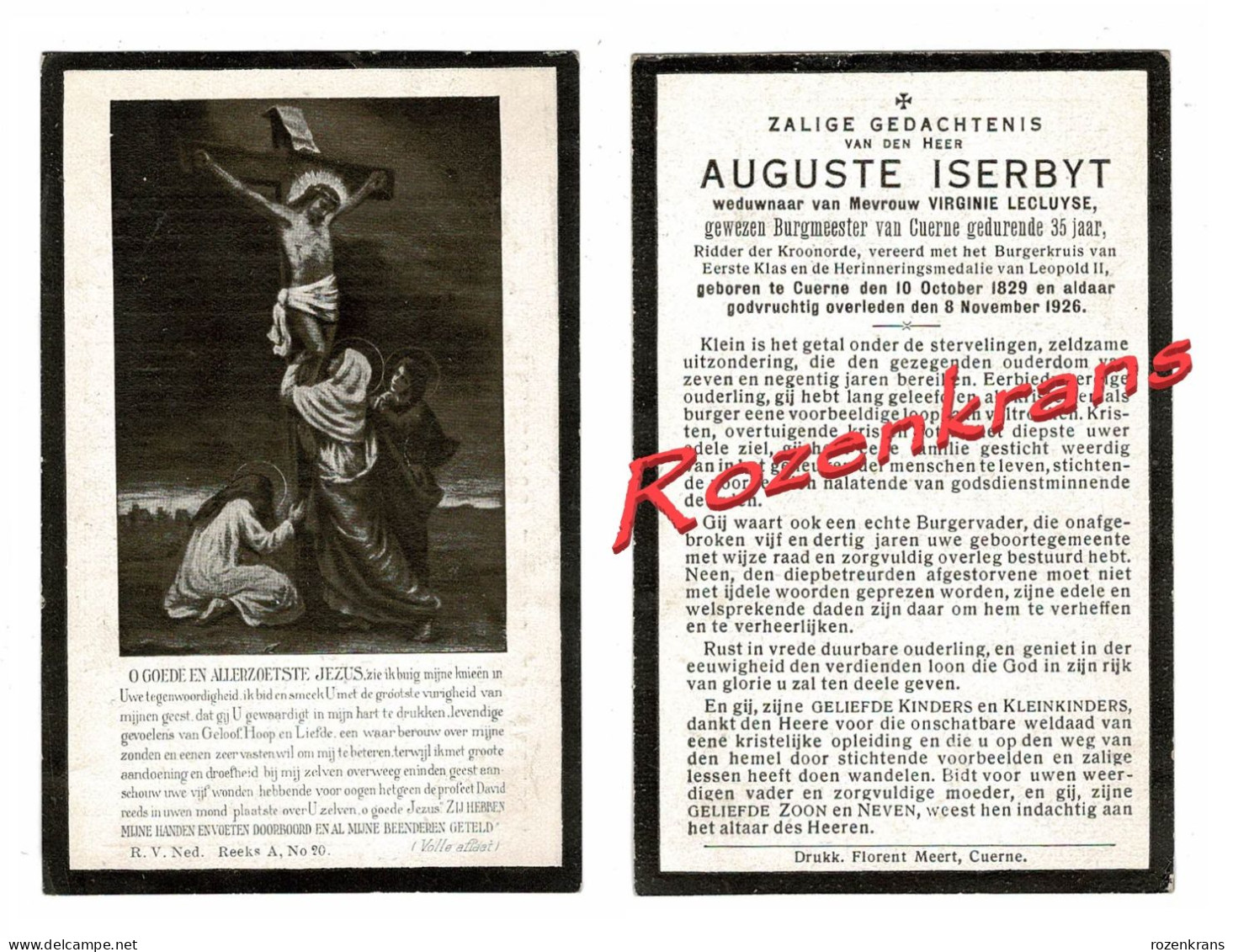 Auguste Iserbyt Virginie Lecluyse Burgemeester Kuurne Cuerne 1926 Bidprentje Doodsprentje - Obituary Notices