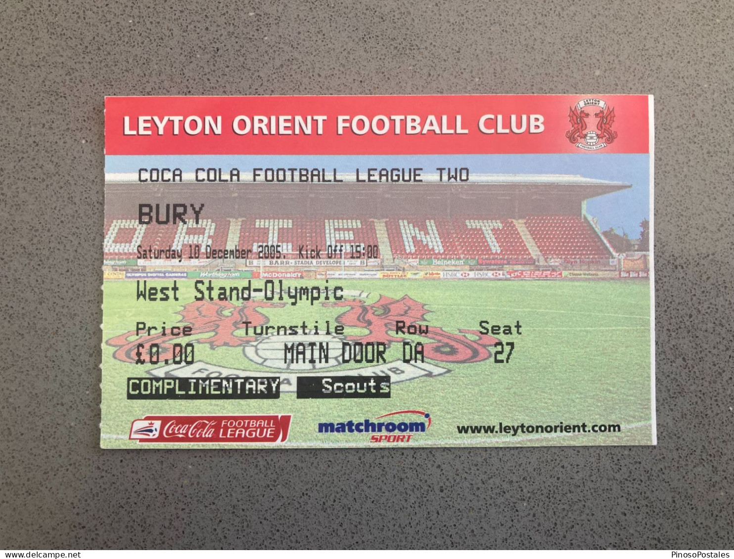 Leyton Orient V Bury 2005-06 Match Ticket - Match Tickets