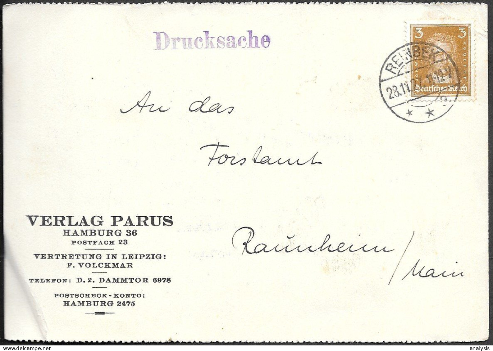 Germany Hamburg Verlag Parus Postcard Mailed 1926 - Cartas & Documentos