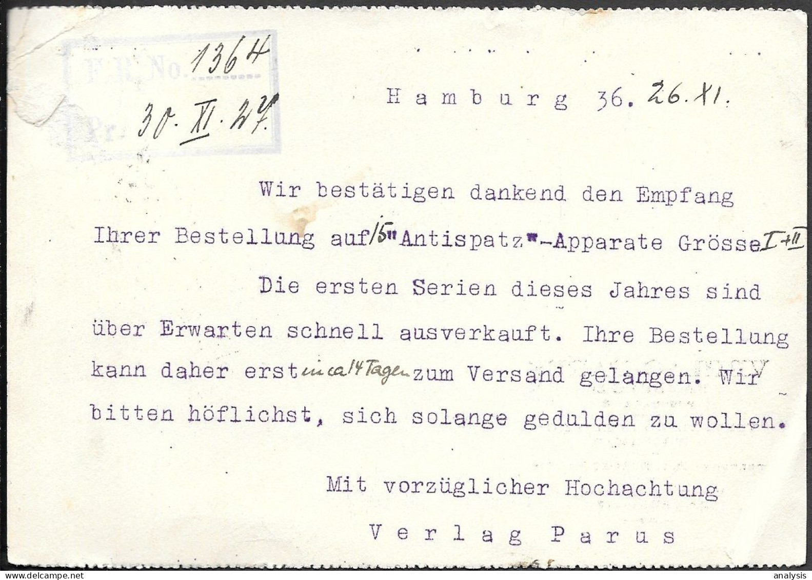 Germany Hamburg Verlag Parus Postcard Mailed 1926 - Cartas & Documentos