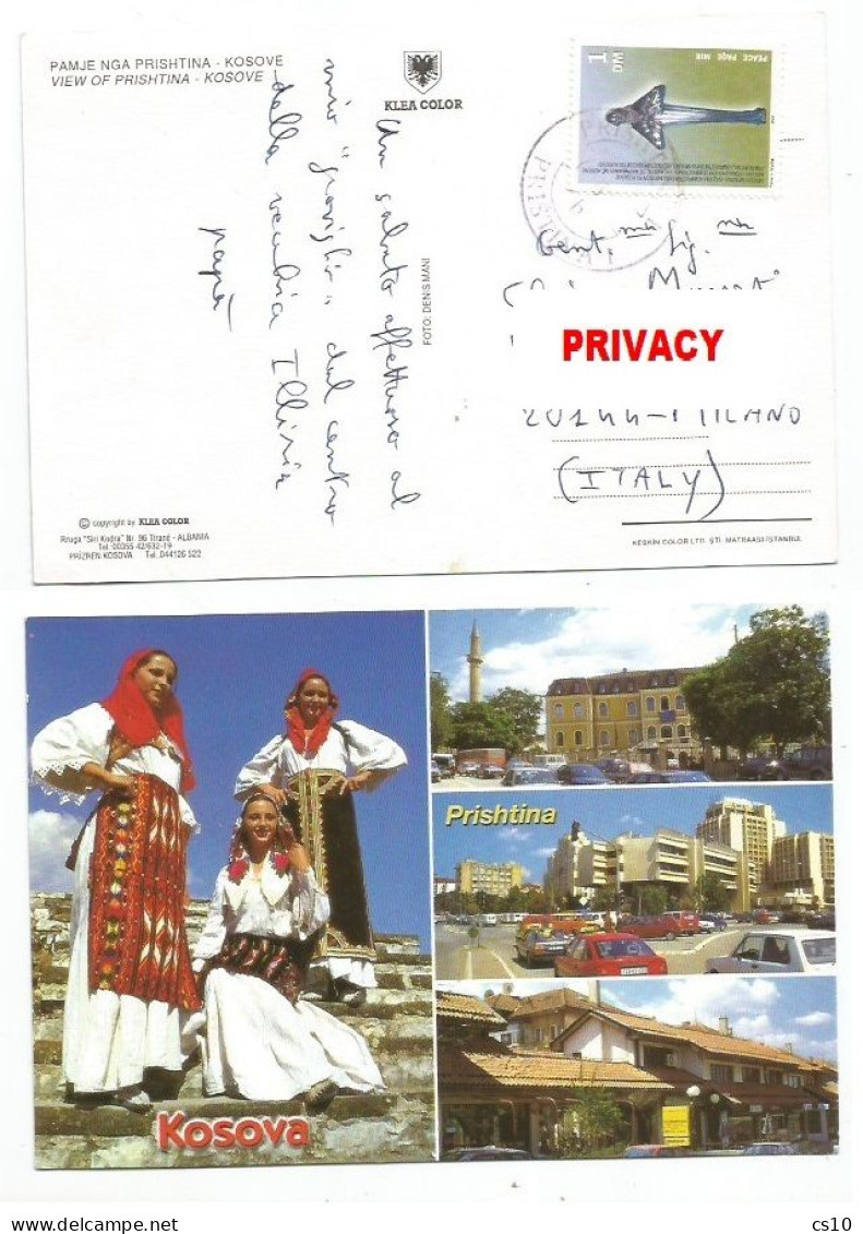 REAL MAIL!!! Kosovo Republic Postal Service 2001 Pcard Prishtina With United Nations Mission Deutsche Mark Stamp X Italy - Storia Postale