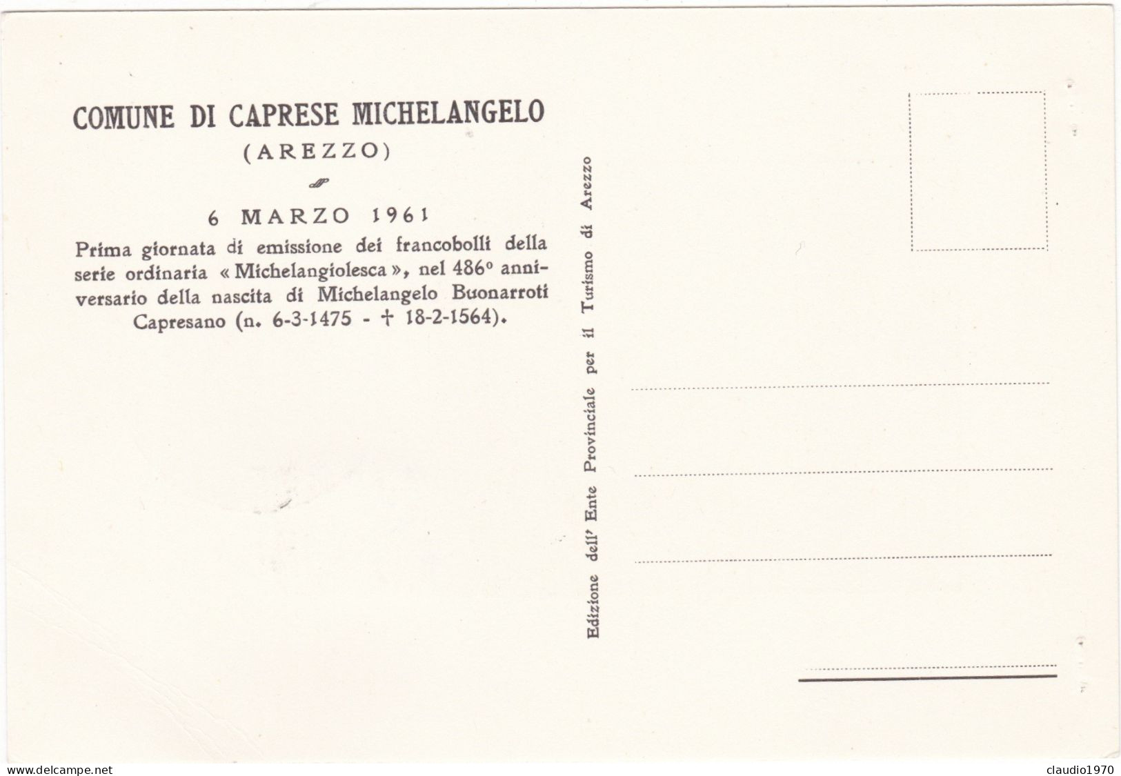 REPUBLICA - ITALIA - CARTOLINA  - 115 LIRE -  COMUNE DI CAPRESE MICHELANGELO (AREZZO) 1961 - 1961-70: Marcofilia