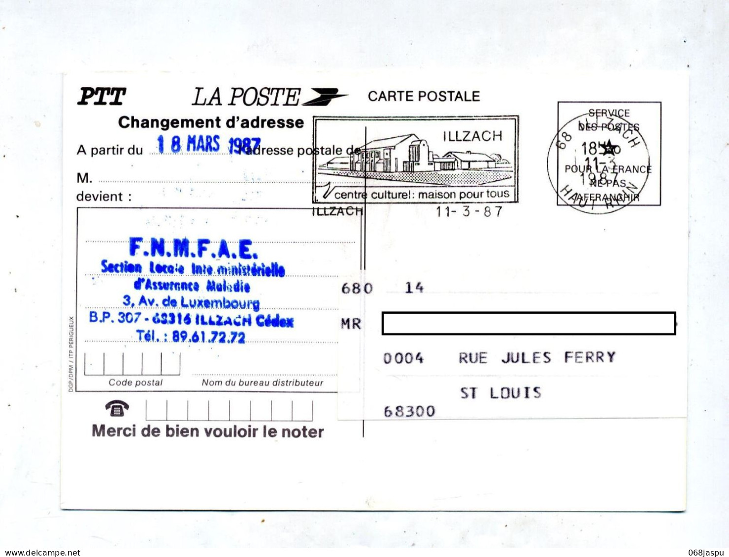 Carte Changement Adresse Flamme Illzach Centre Culturel - Documentos Del Correo