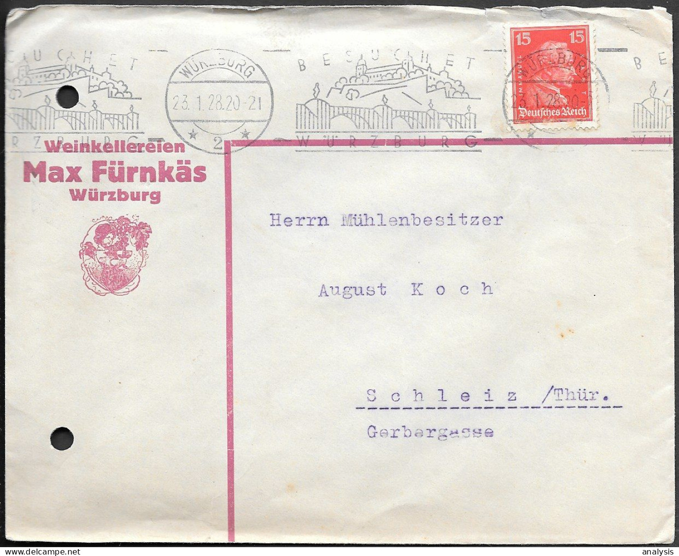 Germany Würzburg Weinkellereien Max Fürnkäs Cover Mailed 1928 - Cartas & Documentos